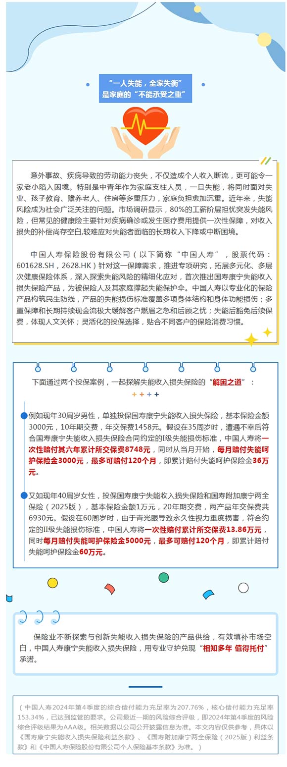 破解失能保障难题 中国人寿首推长期失能收入损失保险